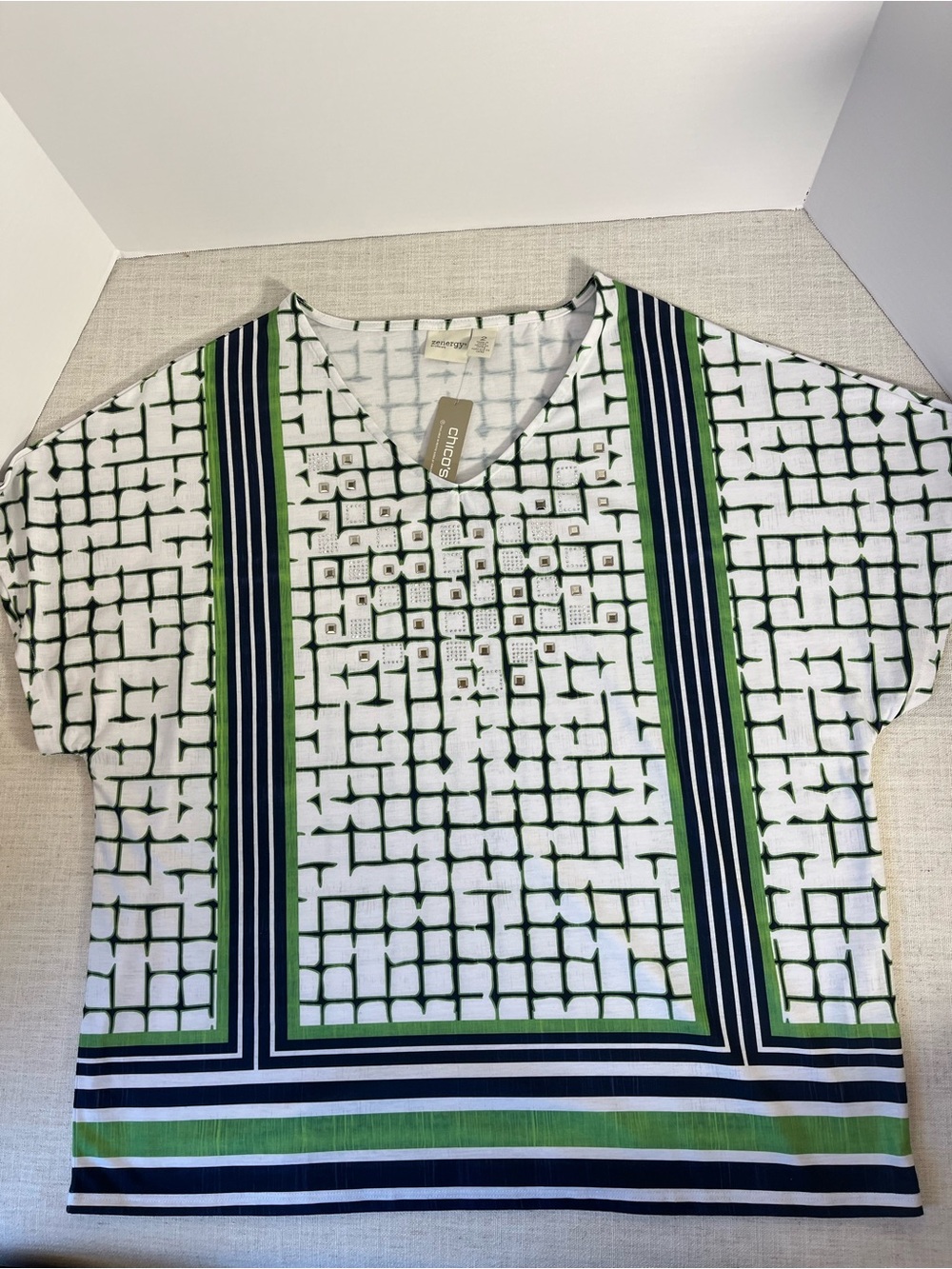 Chico's Zenergy White Shirt with Green & Navy Geometric Stripes